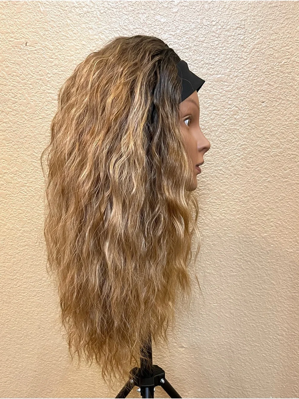 NEW 18–20” Caramel Brown Wavy Headband Wig Dark Root Synthetic Hair